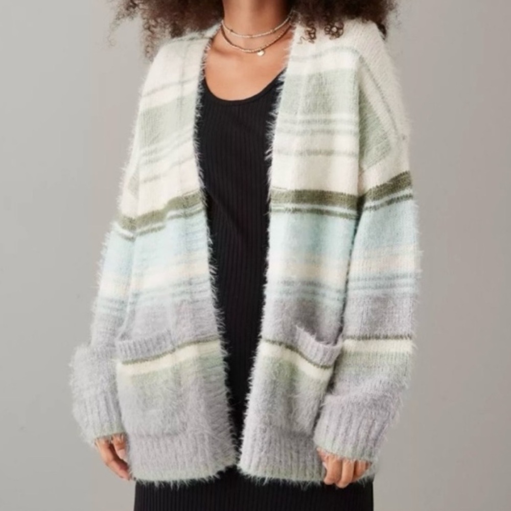 AE Whoa So Cozy Fuzzy Cardigan Striped Gray Green Blue size Small NWT